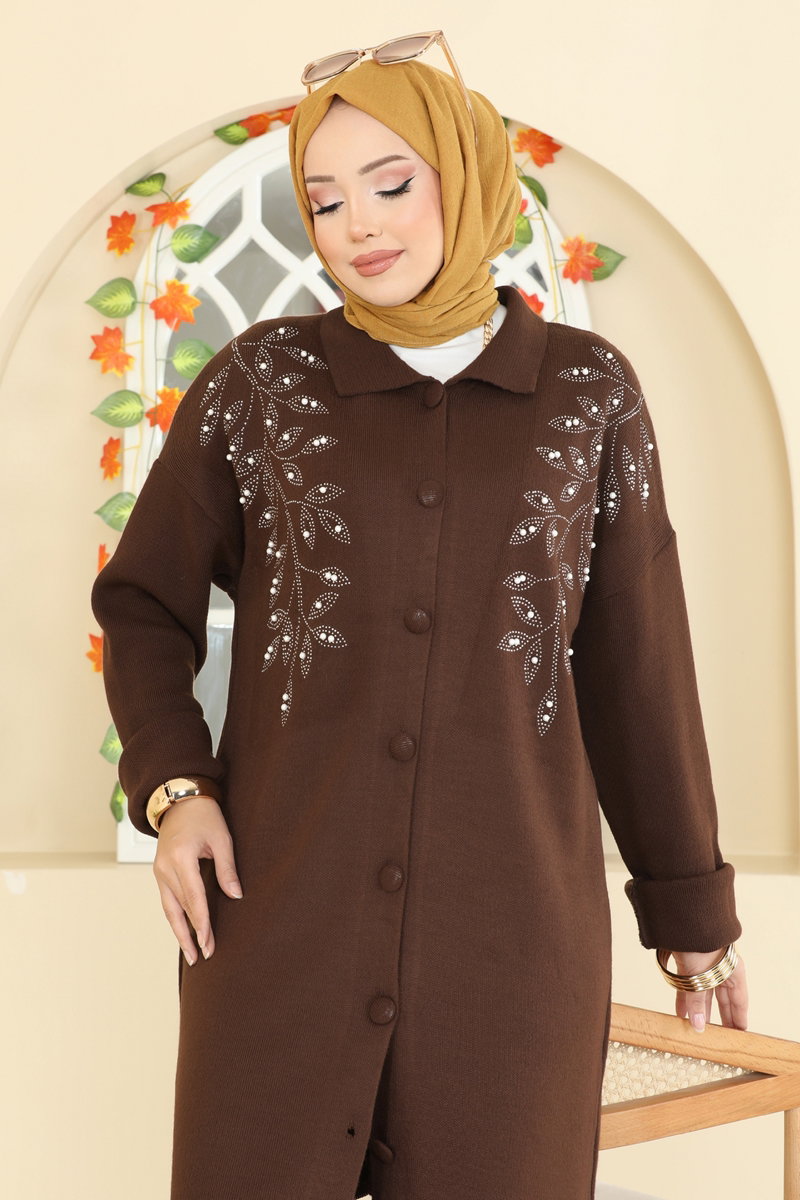İşleme Detaylı Triko Takım 2745AYD574 Kahve