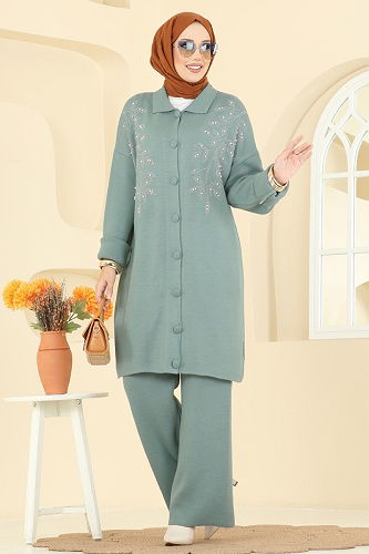 moda selvim İşleme Detaylı Triko Takım 2745AYD574 Mint - Thumbnail