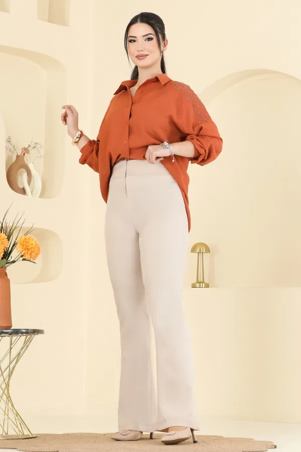 Modaselvim Pantolon İspanyol Paça Dabıl Pantolon 8210AB368 Taş