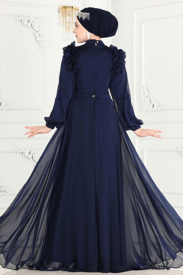 Janjan Evening Dress with Shoulder Flounce 4409SRH861 Navy Blue - 5