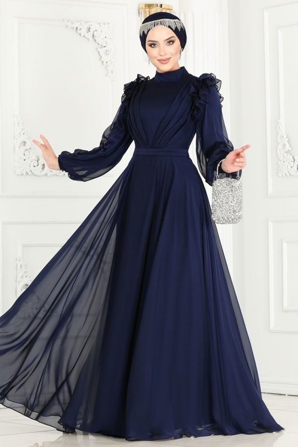 Janjan Evening Dress with Shoulder Flounce 4409SRH861 Navy Blue - 2