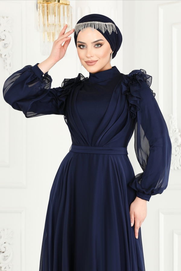 Janjan Evening Dress with Shoulder Flounce 4409SRH861 Navy Blue - 3