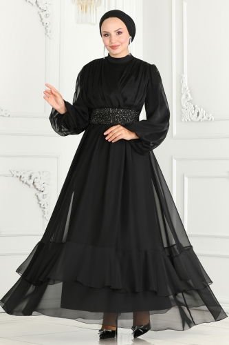 moda selvim Janjan Evening Dress with Stone Belt 5498AB368 Black - Thumbnail