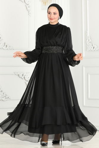 moda selvim Janjan Evening Dress with Stone Belt 5498AB368 Black - Thumbnail