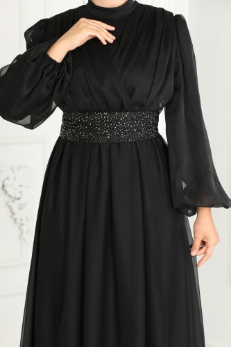 moda selvim Janjan Evening Dress with Stone Belt 5498AB368 Black - Thumbnail