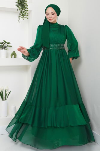 A.B. - Janjan Evening Dress with Stone Belt 5498AB368 Emerald