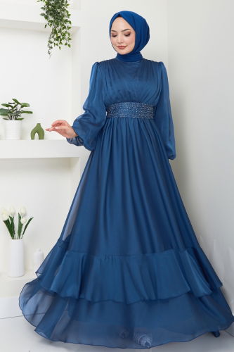 moda selvim Janjan Evening Dress with Stone Belt 5498AB368 Indigo - Thumbnail