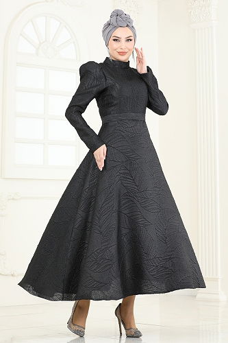 moda selvim Kabartma Desen Jakar Abiye 5658EDF311 Siyah - Thumbnail