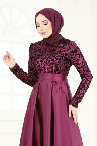 moda selvim Kabartma Desen Saten Abiye 1042ASMK1074 Bordo - Thumbnail