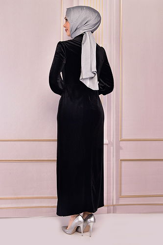 moda selvim Kadife Likralı Elbise ASM2533-M Siyah - Thumbnail