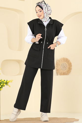 moda selvim Kap Kol Scuba Takım 3207HBS856 Siyah - Thumbnail