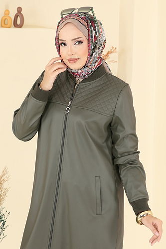 moda selvim Kapitone Detaylı Deri Kap 6105S324 Haki - Thumbnail