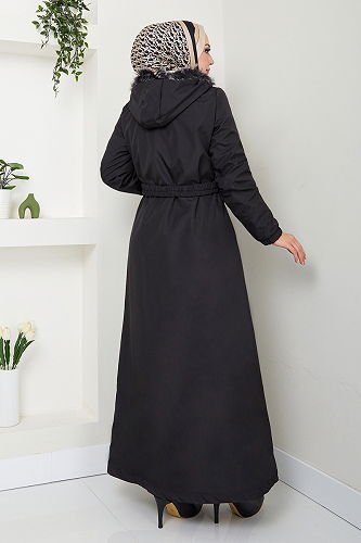 moda selvim Kapitone Detaylı İçi Kürklü Kaban 7007ZNR1012-M Siyah - Thumbnail