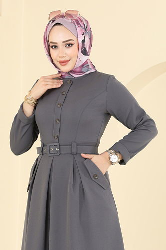 moda selvim Kaplama Kemerli Dabıl Elbise 2749SL432 Antrasit - Thumbnail