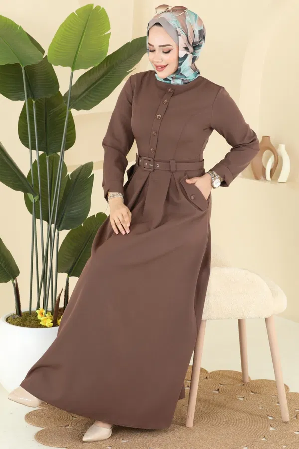 Modaselvim Elbise Kaplama Kemerli Dabıl Elbise 2749SL432 Koyu Vizyon