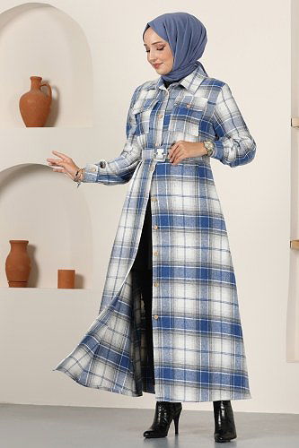 moda selvim Kaplama Kemerli Ekose Elbise 2518BLU797 İndigo - Thumbnail