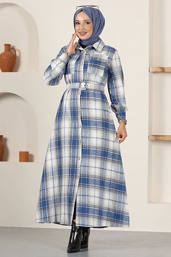 moda selvim Kaplama Kemerli Ekose Elbise 2518BLU797 İndigo - Thumbnail