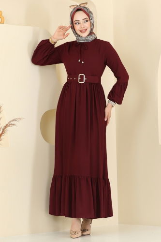 B.G.S. - Kaplama Kemerli Elbise 7123BG354 Bordo
