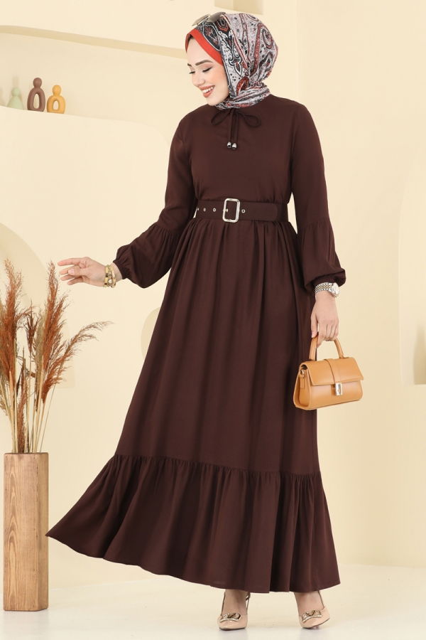 Modaselvim Elbise Kaplama Kemerli Elbise 7123BG354 Kahve