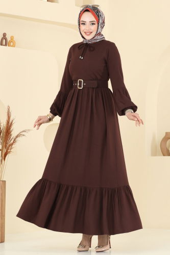 moda selvim Kaplama Kemerli Elbise 7123BG354 Kahve - Thumbnail