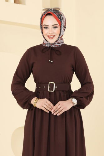 moda selvim Kaplama Kemerli Elbise 7123BG354 Kahve - Thumbnail