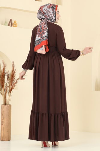 moda selvim Kaplama Kemerli Elbise 7123BG354 Kahve - Thumbnail