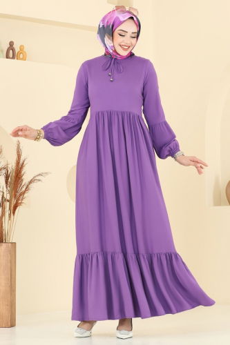 moda selvim Kaplama Kemerli Elbise 7123BG354 Koyu Lila - Thumbnail