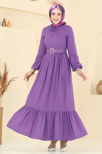 moda selvim Kaplama Kemerli Elbise 7123BG354 Koyu Lila - Thumbnail