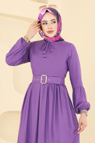 moda selvim Kaplama Kemerli Elbise 7123BG354 Koyu Lila - Thumbnail