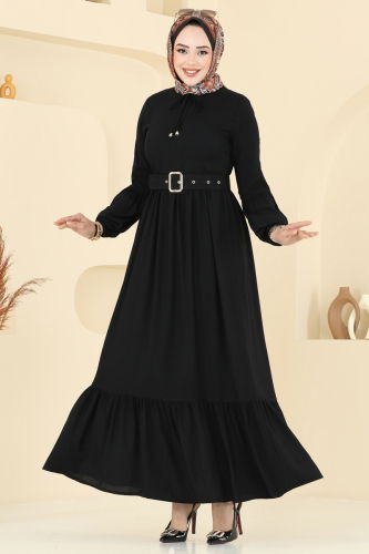 moda selvim Kaplama Kemerli Elbise 7123BG354 Siyah - Thumbnail