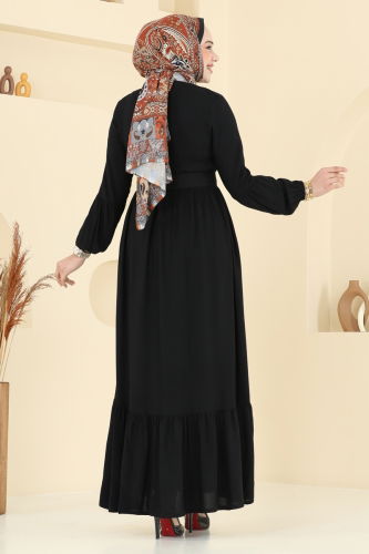 moda selvim Kaplama Kemerli Elbise 7123BG354 Siyah - Thumbnail