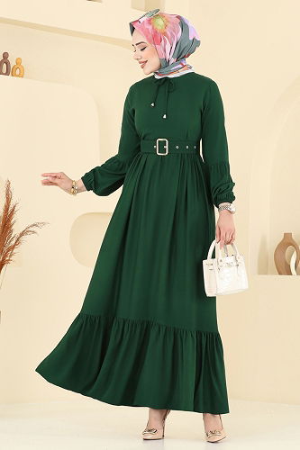 moda selvim Kaplama Kemerli Elbise 7123BG354 Zümrüt - Thumbnail