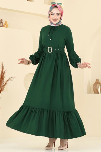 moda selvim Kaplama Kemerli Elbise 7123BG354 Zümrüt - Thumbnail