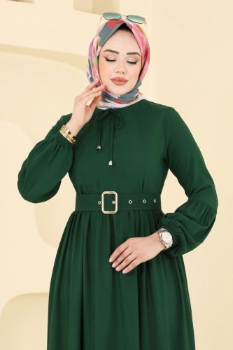 moda selvim Kaplama Kemerli Elbise 7123BG354 Zümrüt - Thumbnail