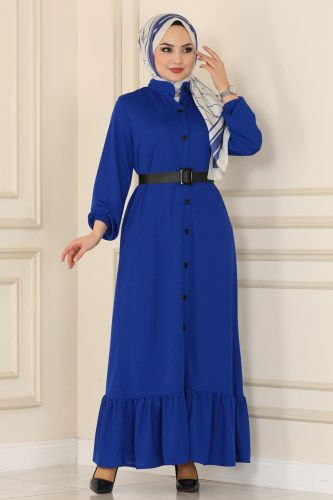 moda selvim Kaplama Kemerli Mira Elbise&Ferace 3003YNS793 Saks - Thumbnail