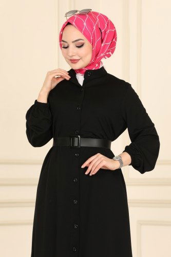 moda selvim Kaplama Kemerli Mira Elbise&Ferace 3003YNS793 Siyah - Thumbnail