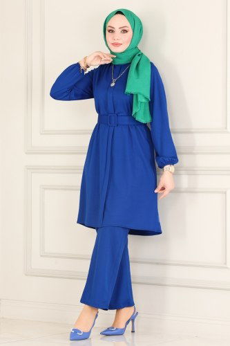 moda selvim Kaplama Kemerli Mira Takım 1700SH396 Saks - Thumbnail