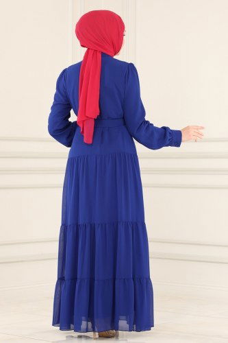 moda selvim Kaplama Kemerli Şifon Elbise 2049-1AB368 Saks - Thumbnail