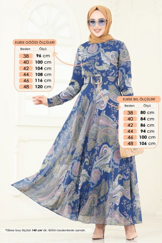moda selvim Kaplama Kemerli Şifon Elbise 204AL357 İndigo - Thumbnail