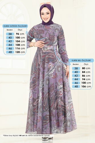 moda selvim Kaplama Kemerli Şifon Elbise 204AL357 Lila - Thumbnail