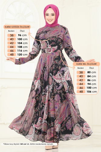 moda selvim Kaplama Kemerli Şifon Elbise 204AL357 Siyah - Thumbnail