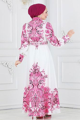 moda selvim Kaplama Kemerli Tesettür Elbise 2394JNF844 Fuşya&Ekru - Thumbnail