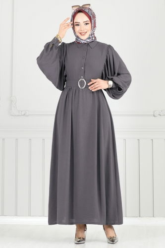 moda selvim Kaplama Kemerli Tesettür Elbise 3071HBS856 Antrasit - Thumbnail