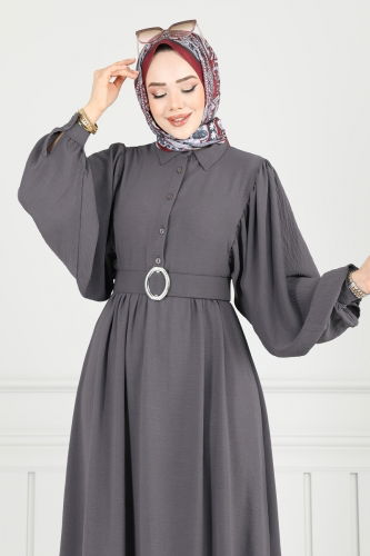 moda selvim Kaplama Kemerli Tesettür Elbise 3071HBS856 Antrasit - Thumbnail