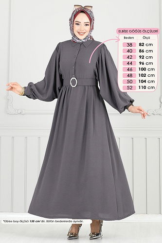 moda selvim Kaplama Kemerli Tesettür Elbise 3071HBS856 Antrasit - Thumbnail