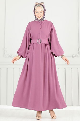 moda selvim Kaplama Kemerli Tesettür Elbise 3071HBS856 Gül Kurusu - Thumbnail