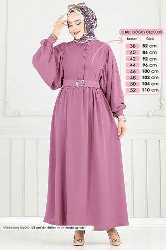 moda selvim Kaplama Kemerli Tesettür Elbise 3071HBS856 Gül Kurusu - Thumbnail