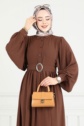 moda selvim Kaplama Kemerli Tesettür Elbise 3071HBS856 Kahve - Thumbnail