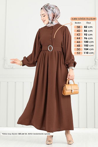 moda selvim Kaplama Kemerli Tesettür Elbise 3071HBS856 Kahve - Thumbnail