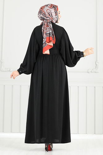 moda selvim Kaplama Kemerli Tesettür Elbise 3071HBS856 Siyah - Thumbnail